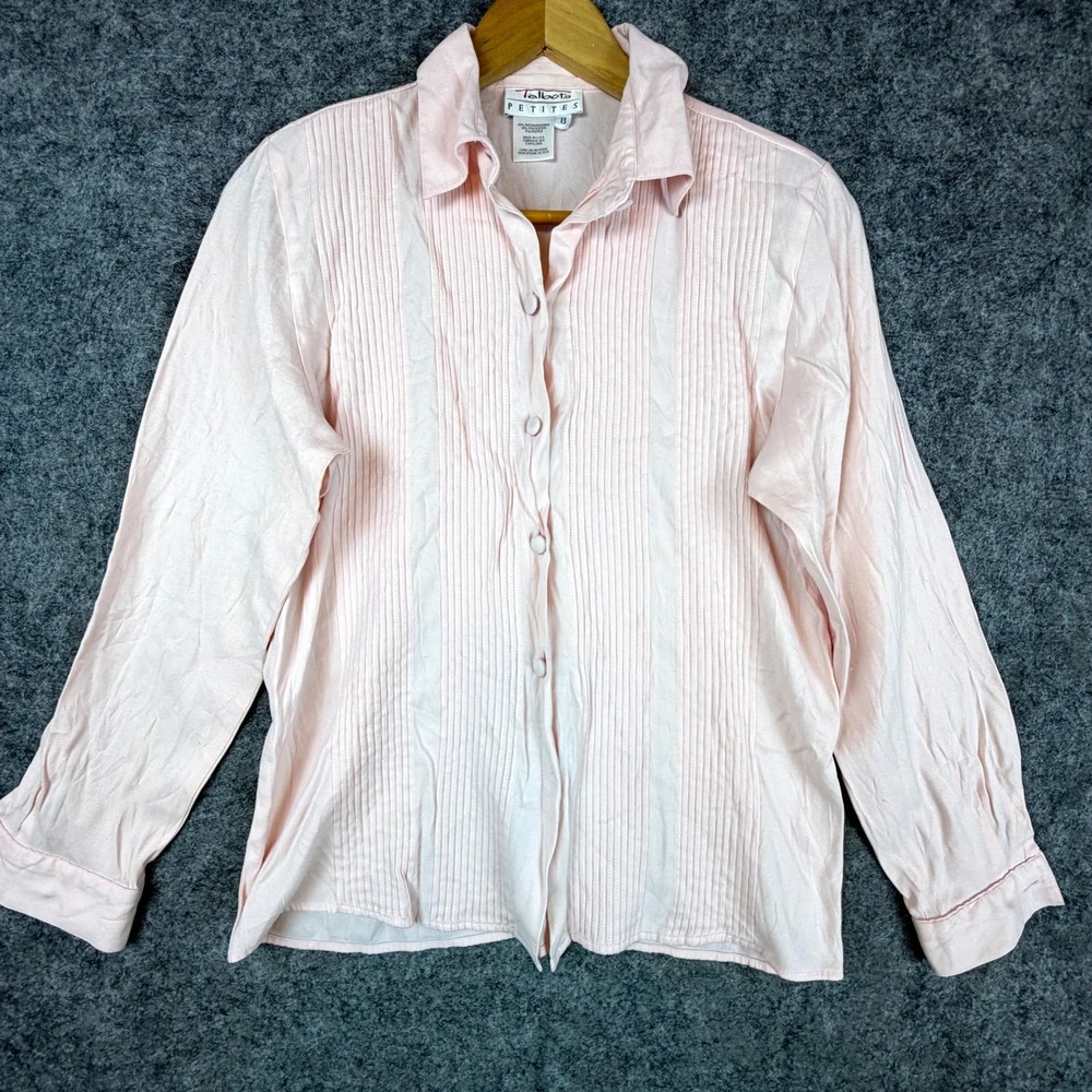 Vintage Talbots Blouse Womens 8 Petite Pale Pink Pleated Secretary Soft Girl